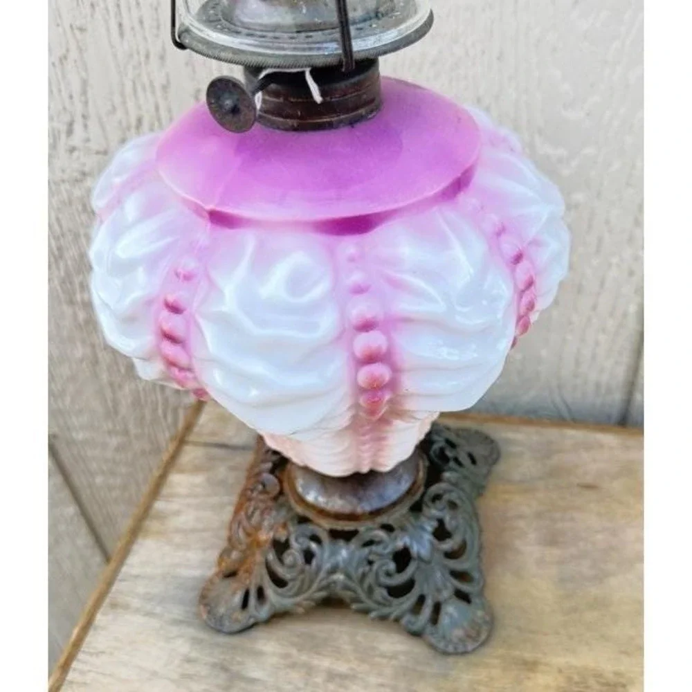 Vintage‎ Antique Fenton Ruffle Pink Cranberry Oil Lamp